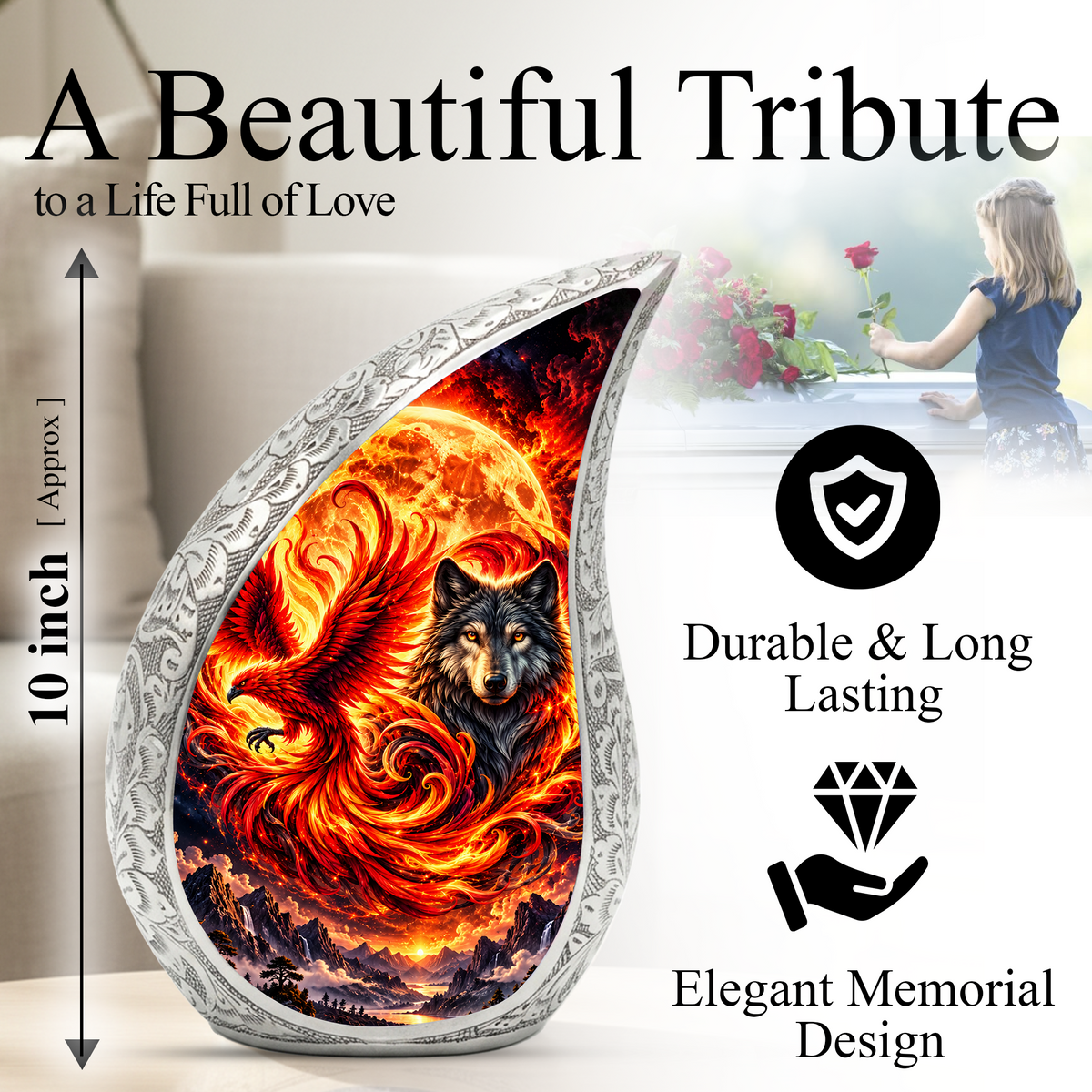 Wolf and Phoenix Urn for Human Ashes, Adult Cremation Urn with Fiery Phoenix and Black Wolf