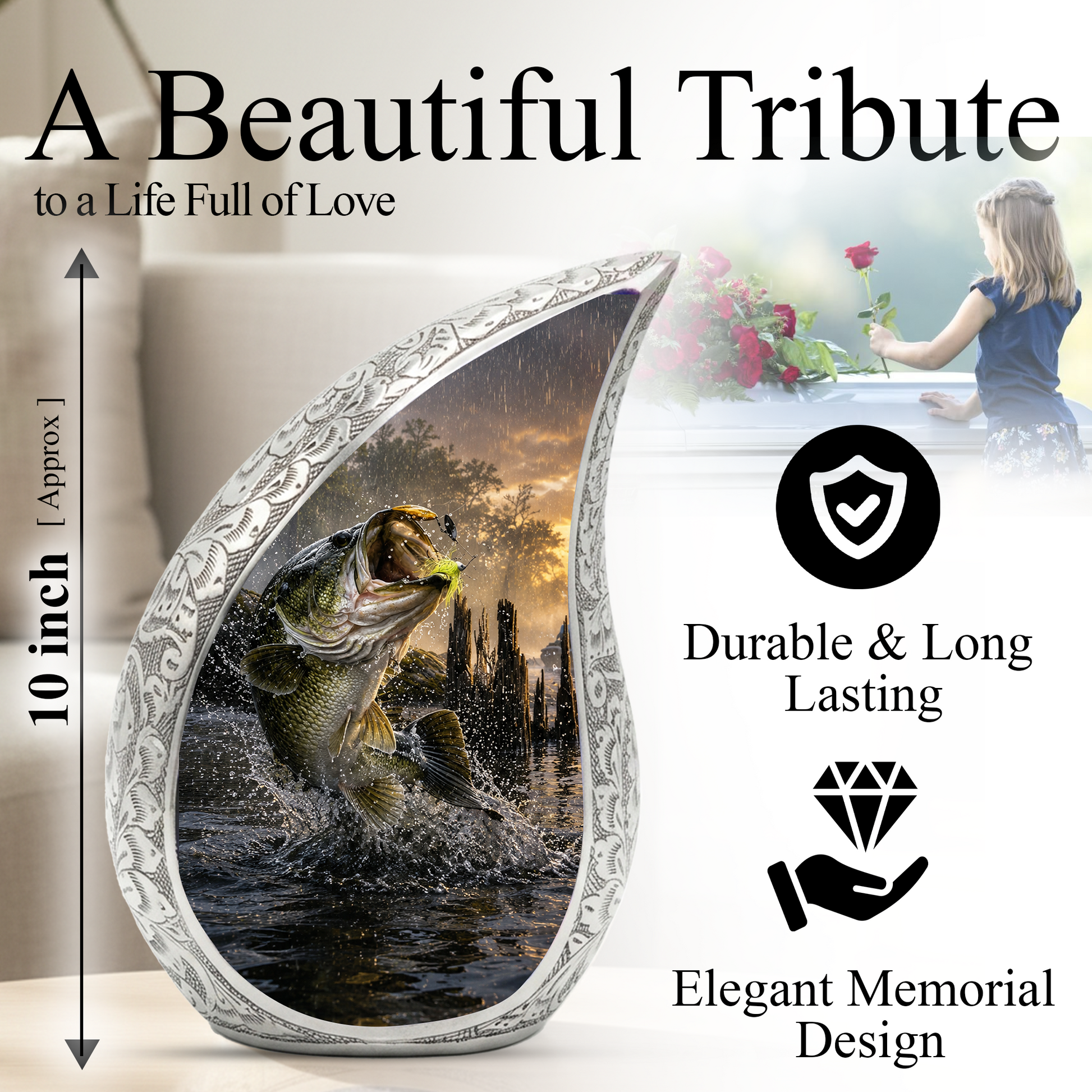 Fishing Urn for Dad, Gone Fishing Cremation Urn for Ashes, Bass Fish Memorial Urn