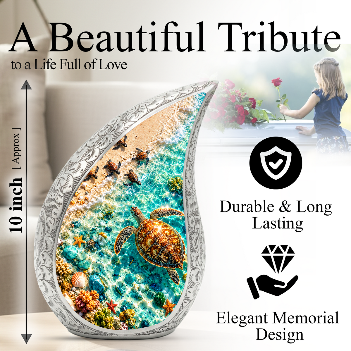 Sea Turtle Cremation Urn for Ashes, Ocean Beach Adult Memorial Urn