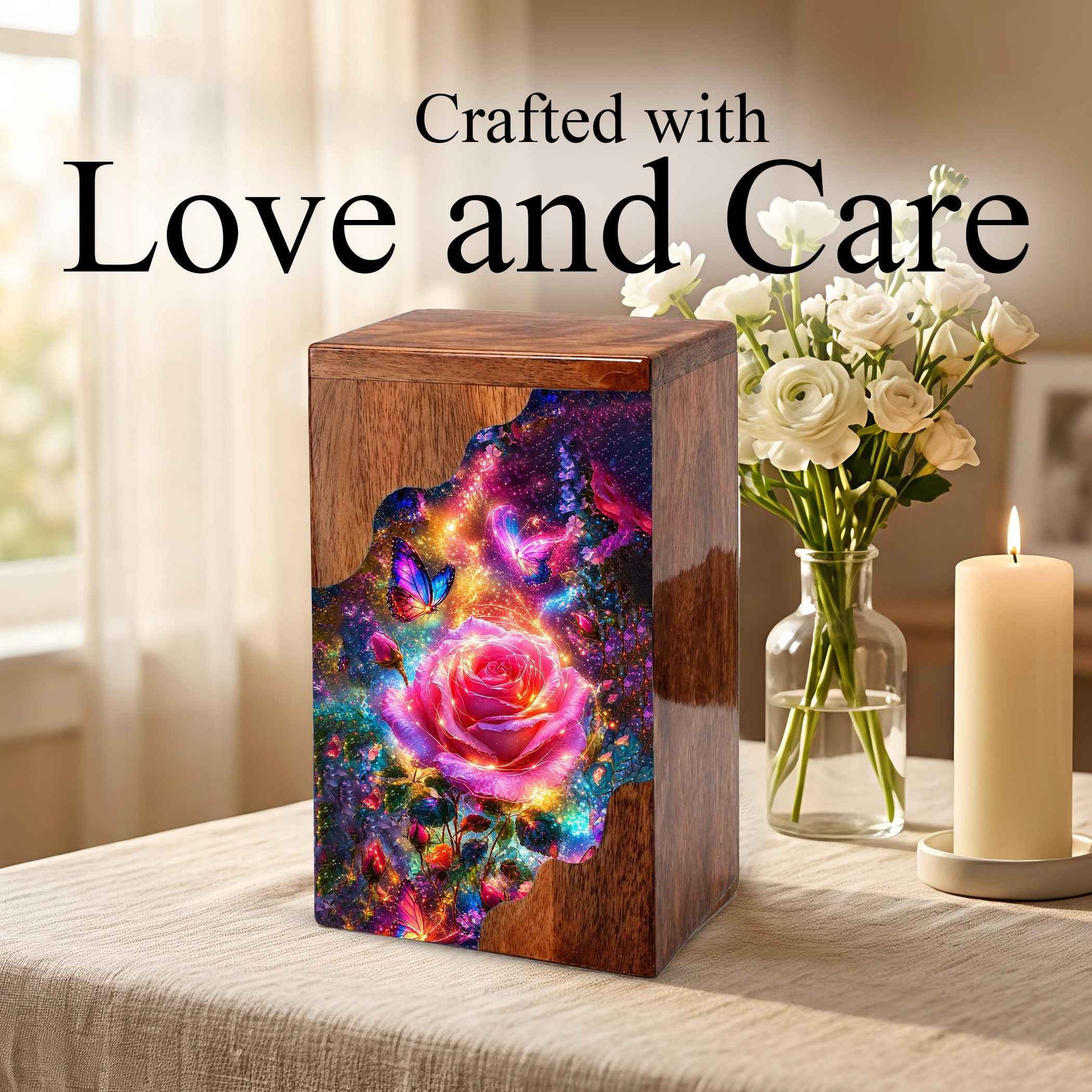 Rose Butterfly Wooden Cremation Urn for Human Ashes