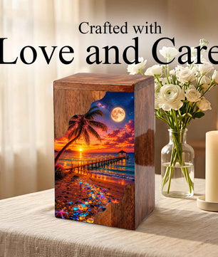 Beach Sunset Wooden Cremation Urn – Tropical Ocean Memorial Urn with Moonlit Shore