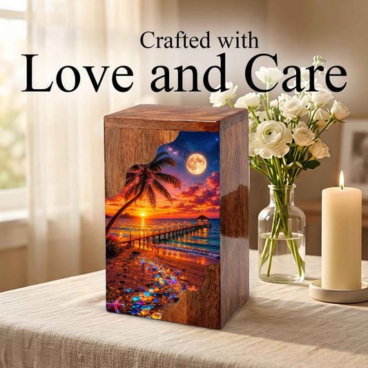 Beach Sunset Wooden Cremation Urn – Tropical Ocean Memorial Urn with Moonlit Shore