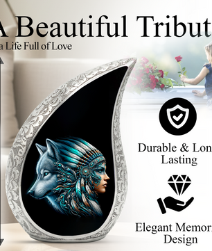 Native American Woman Urn for Mom with Wolf Spirit Art – Personalized Memorial Urn for Human Ashes