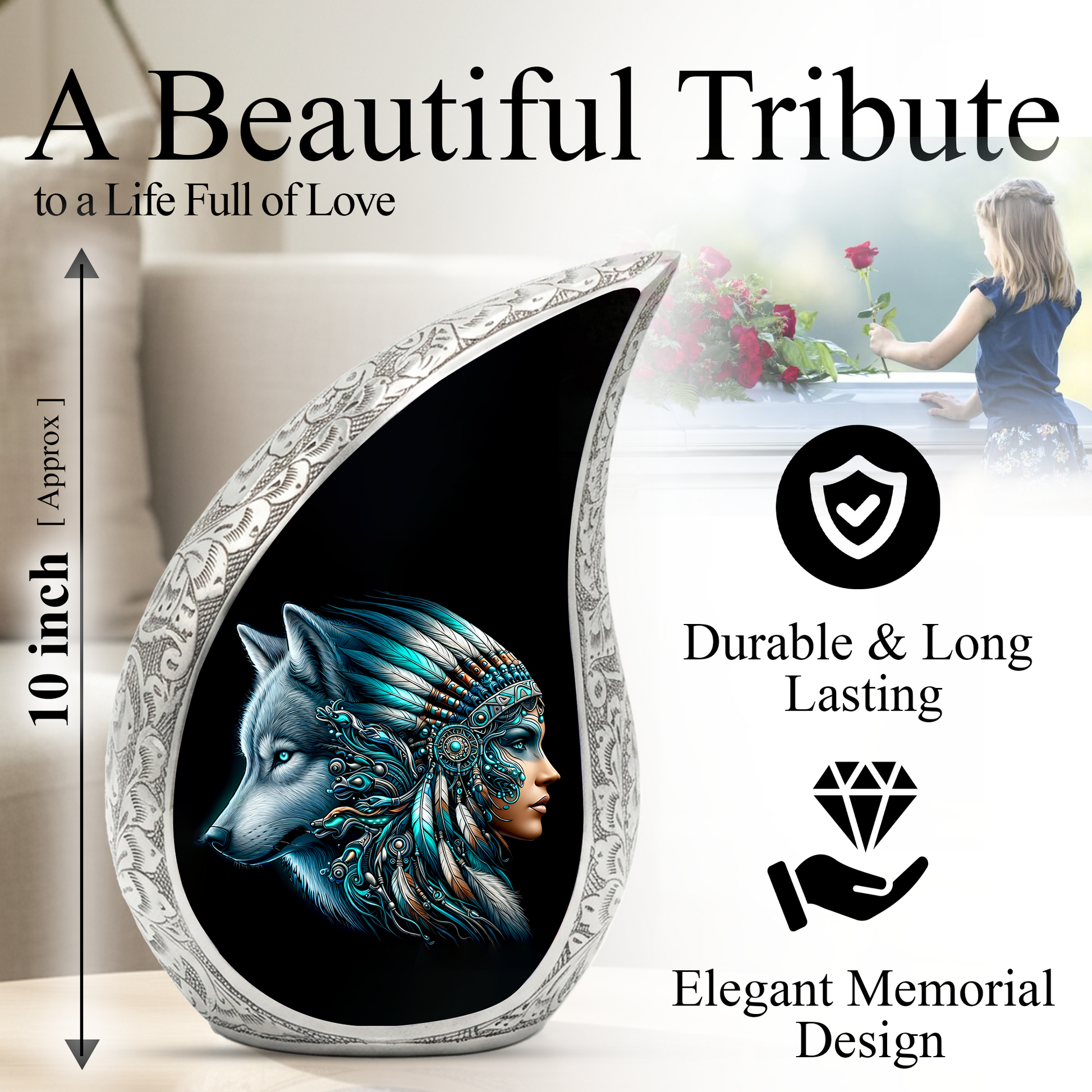 Native American Woman Urn for Mom with Wolf Spirit Art – Personalized Memorial Urn for Human Ashes