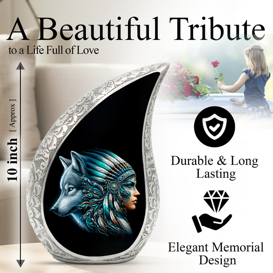 Native American Woman Urn for Mom with Wolf Spirit Art – Personalized Memorial Urn for Human Ashes