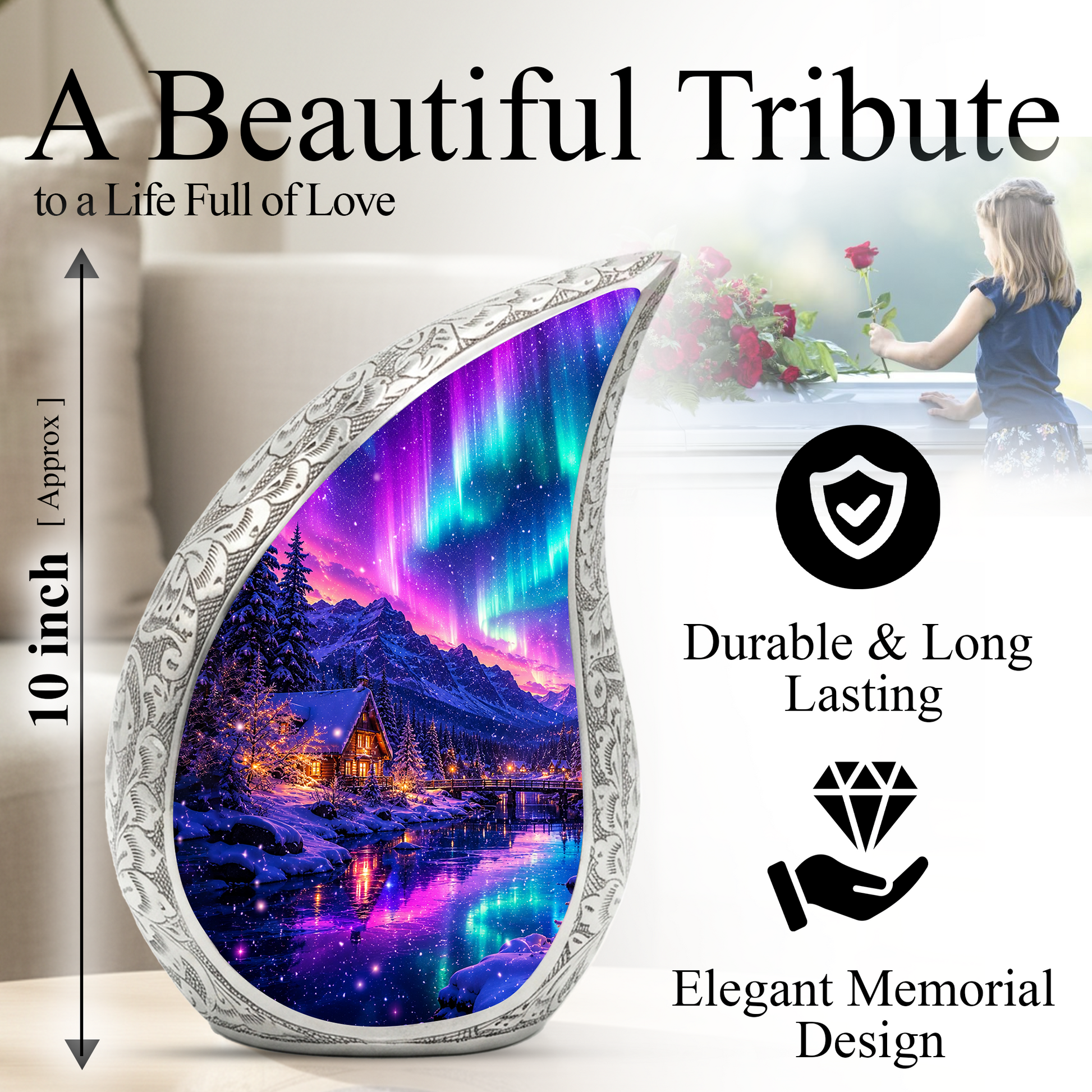 Aurora Winter Landscape Cremation Urn for Mom, Dad & Loved Ones | Beautiful Wooden Urns for Human Ashes, Personalized Memorial Adult Urn