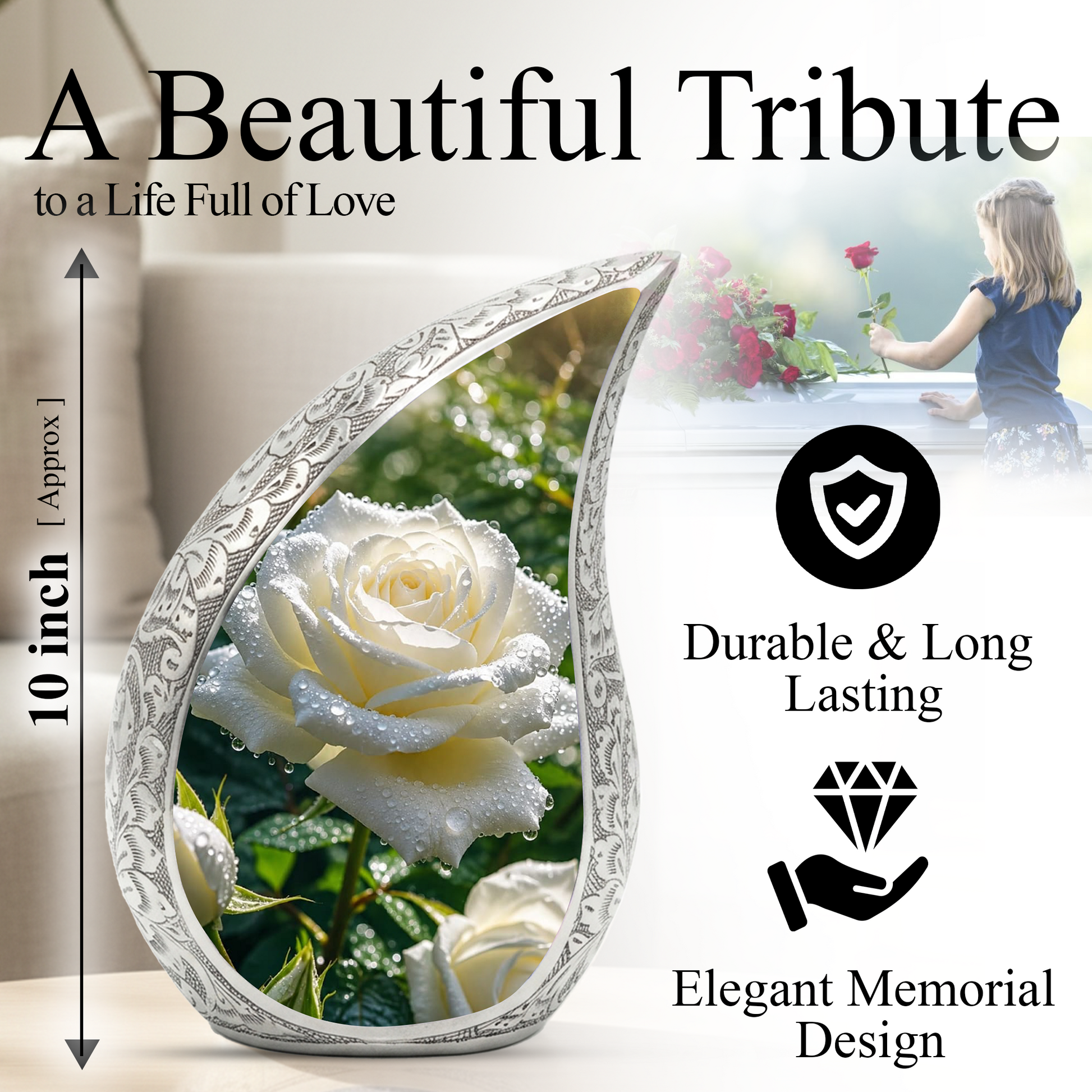 White Rose Urn for Mom, Beautiful Urns for Women