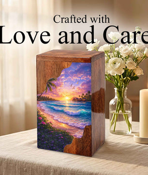 Beach Wooden Cremation Urn – Ocean Sunset Memorial Urn with Tropical Coastal Design