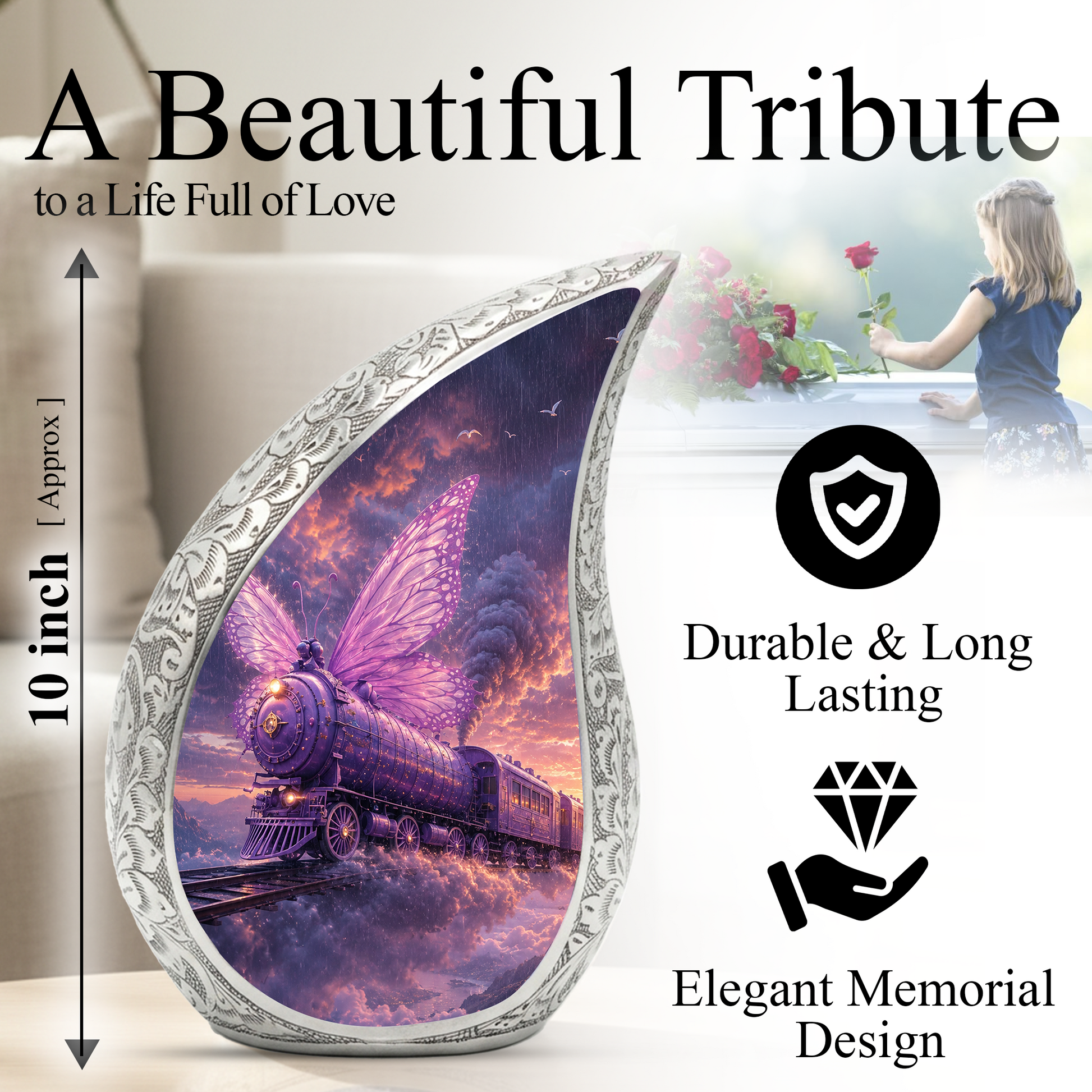Butterfly Train Urn for Human Ashes | Beautiful Butterfly & Locomotive Adult Cremation Urn