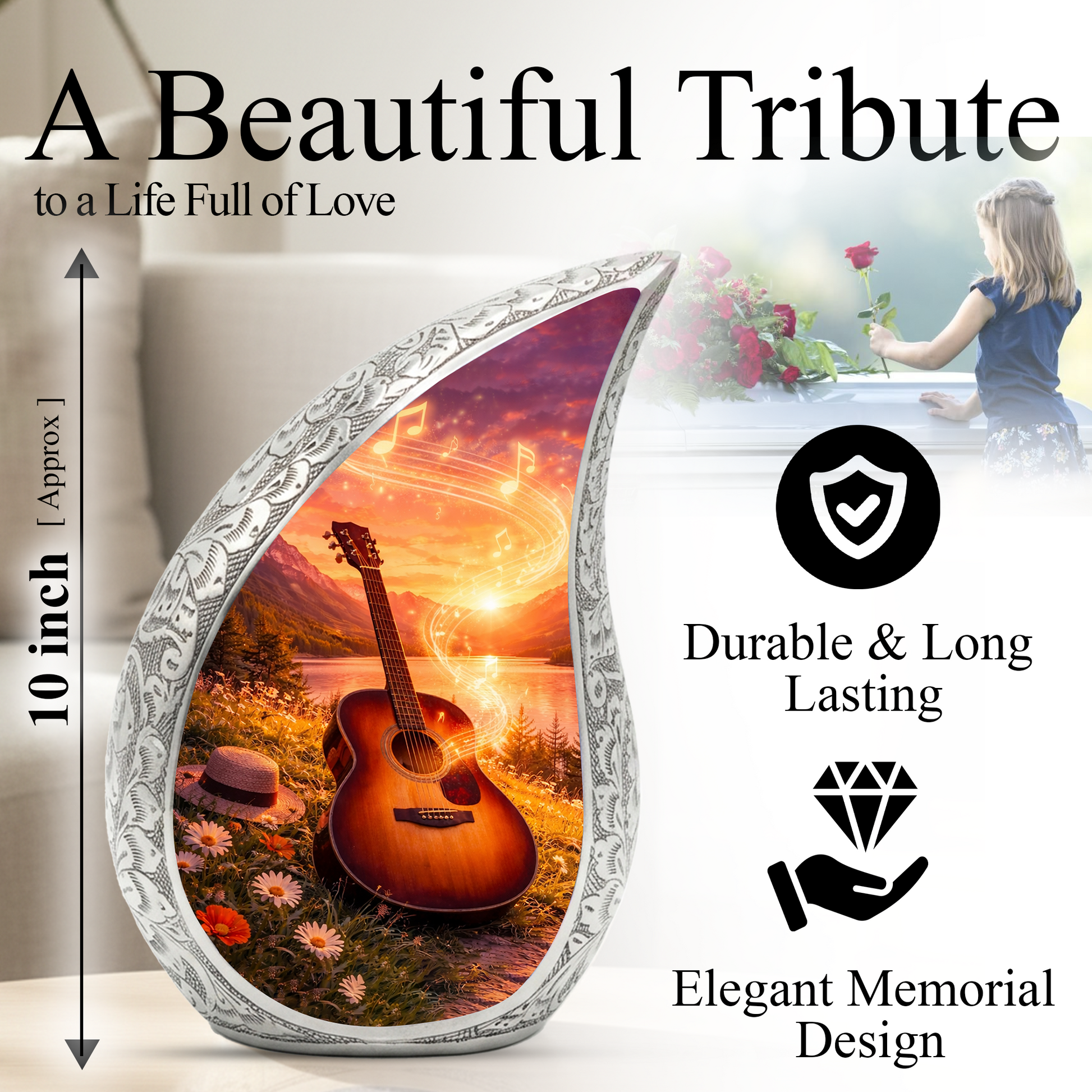 Guitar Lake Adult Urn for Human Ashes – Premium Guitar Cremation Urn