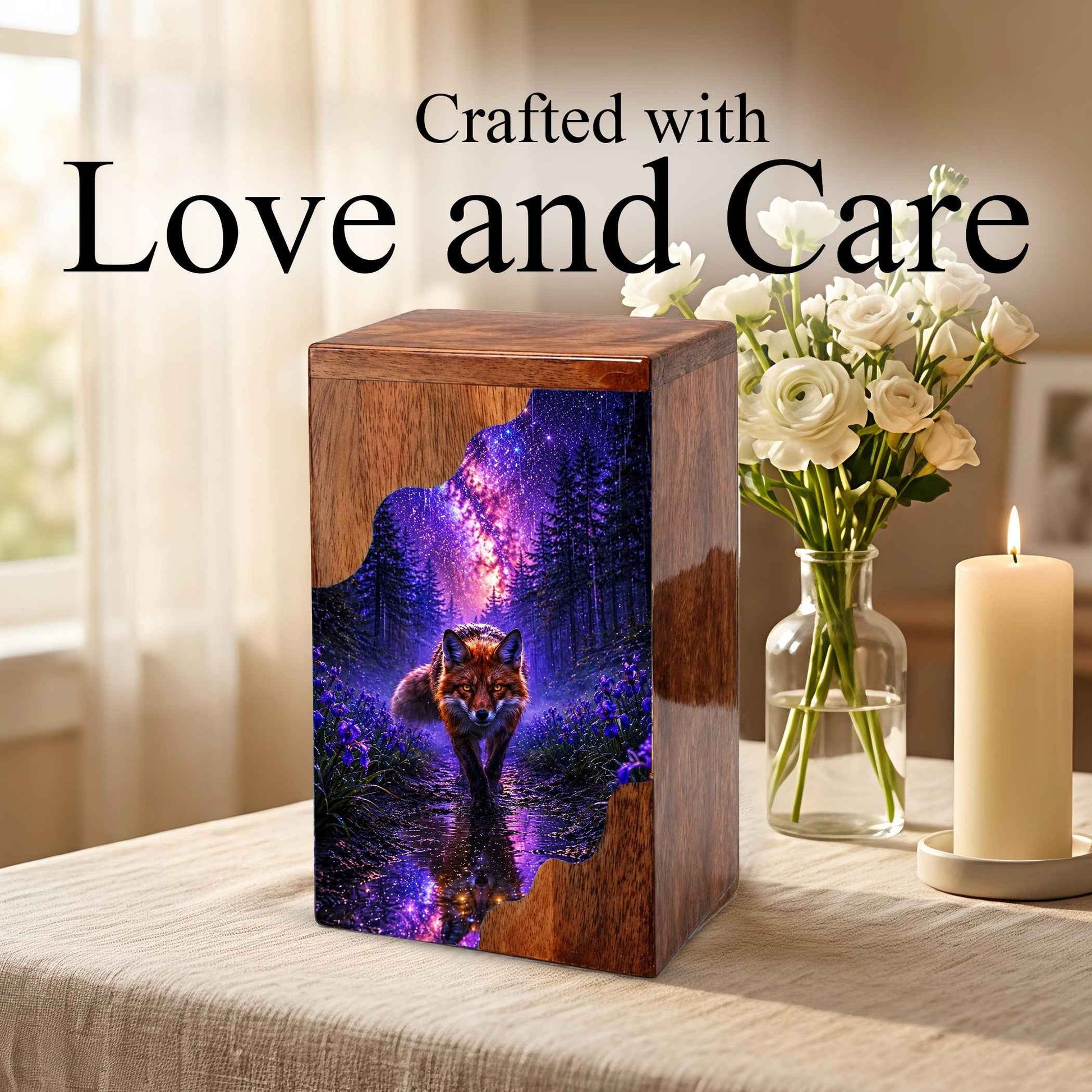 Wooden Cremation Urn for Human Ashes, Fox Memorial Urn