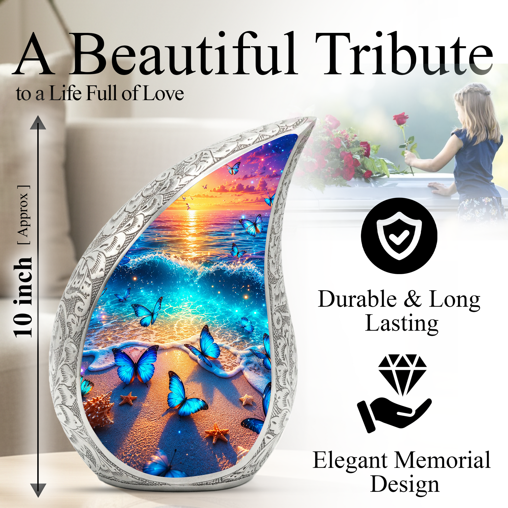 Butterfly Beach Urn for Human Ashes | Ocean Sunset Adult Cremation Urn | Beautiful Memorial Urn