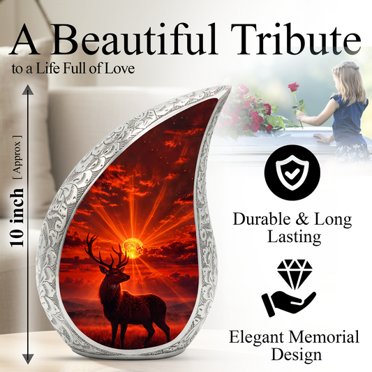 Deer Adult Urn for Ashes,Deer Memorial Urn with Sunset Deer