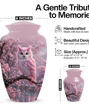 Pink Owl Cremation Urn for Mom, Cherry Blossom Memorial Urns for Ashes