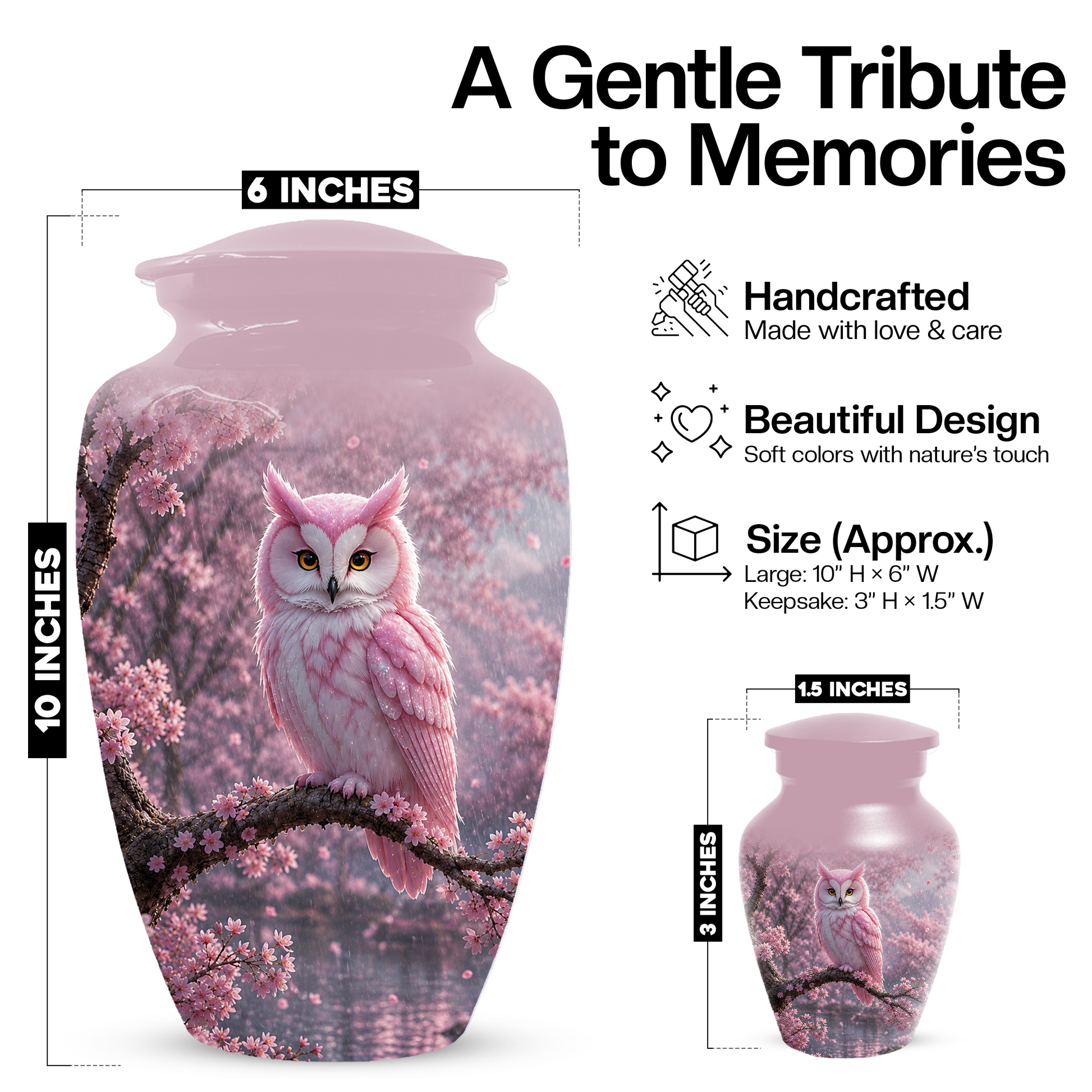 Pink Owl Cremation Urn for Mom, Cherry Blossom Memorial Urns for Ashes