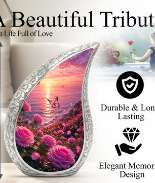 Flower Beach Urn for Mom – Pink Rose Ocean Sunset Cremation Urn for Human Ashes,