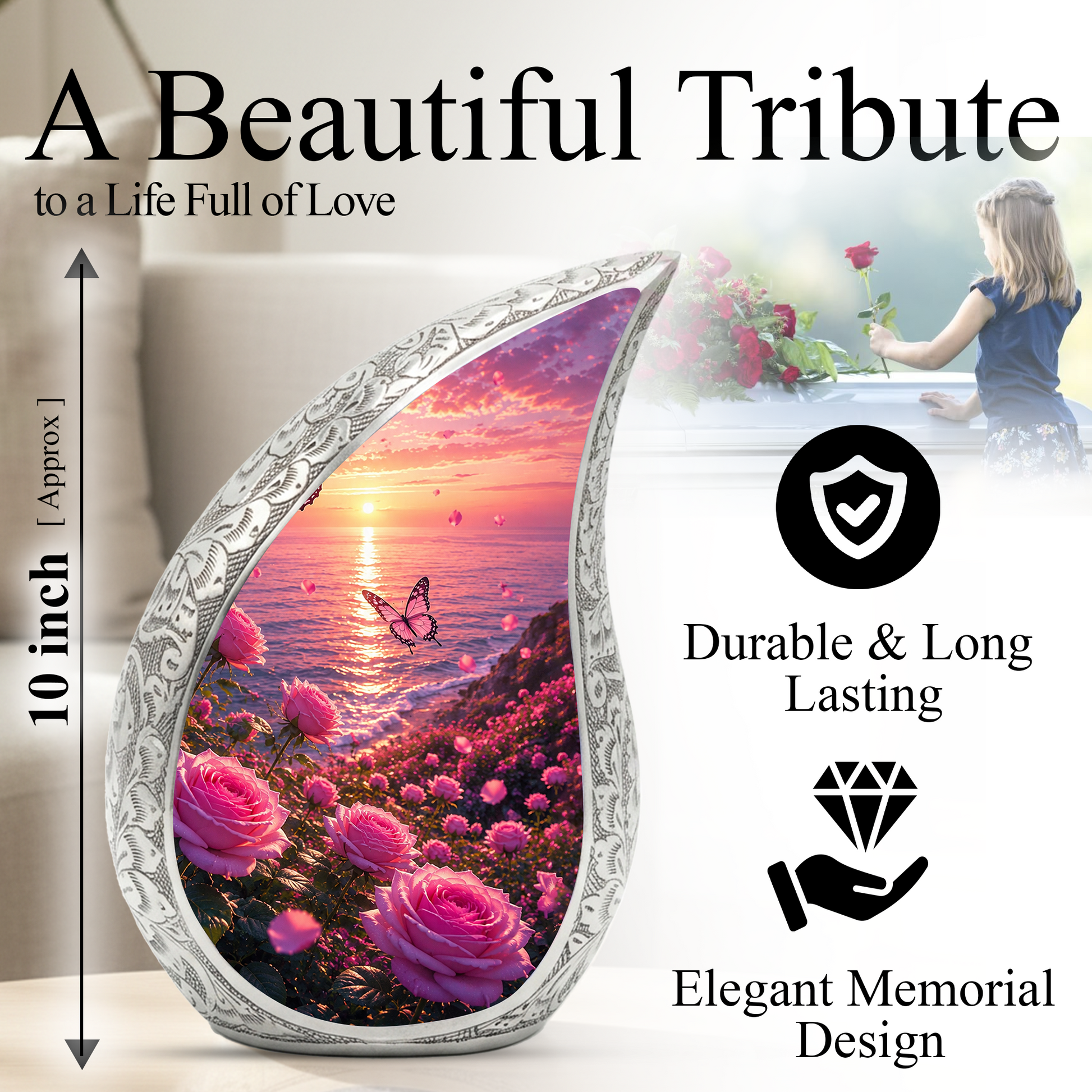 Flower Beach Urn for Mom – Pink Rose Ocean Sunset Cremation Urn for Human Ashes,