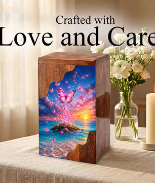 Pink Butterfly Ocean Wooden Cremation Urn – Sunset Memorial Urn for Mom