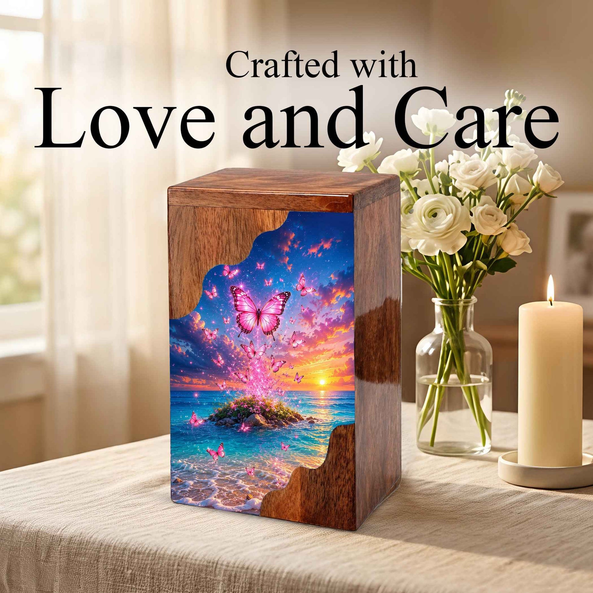 Pink Butterfly Ocean Wooden Cremation Urn – Sunset Memorial Urn for Mom