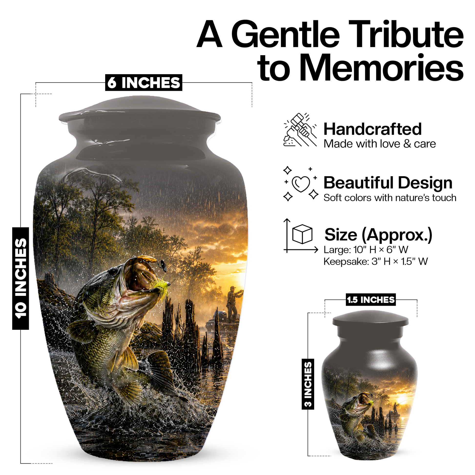 Fishing Urn for Dad - Bass Fisherman Memorial KeepsakeUrns,Personalized Lake Tribute