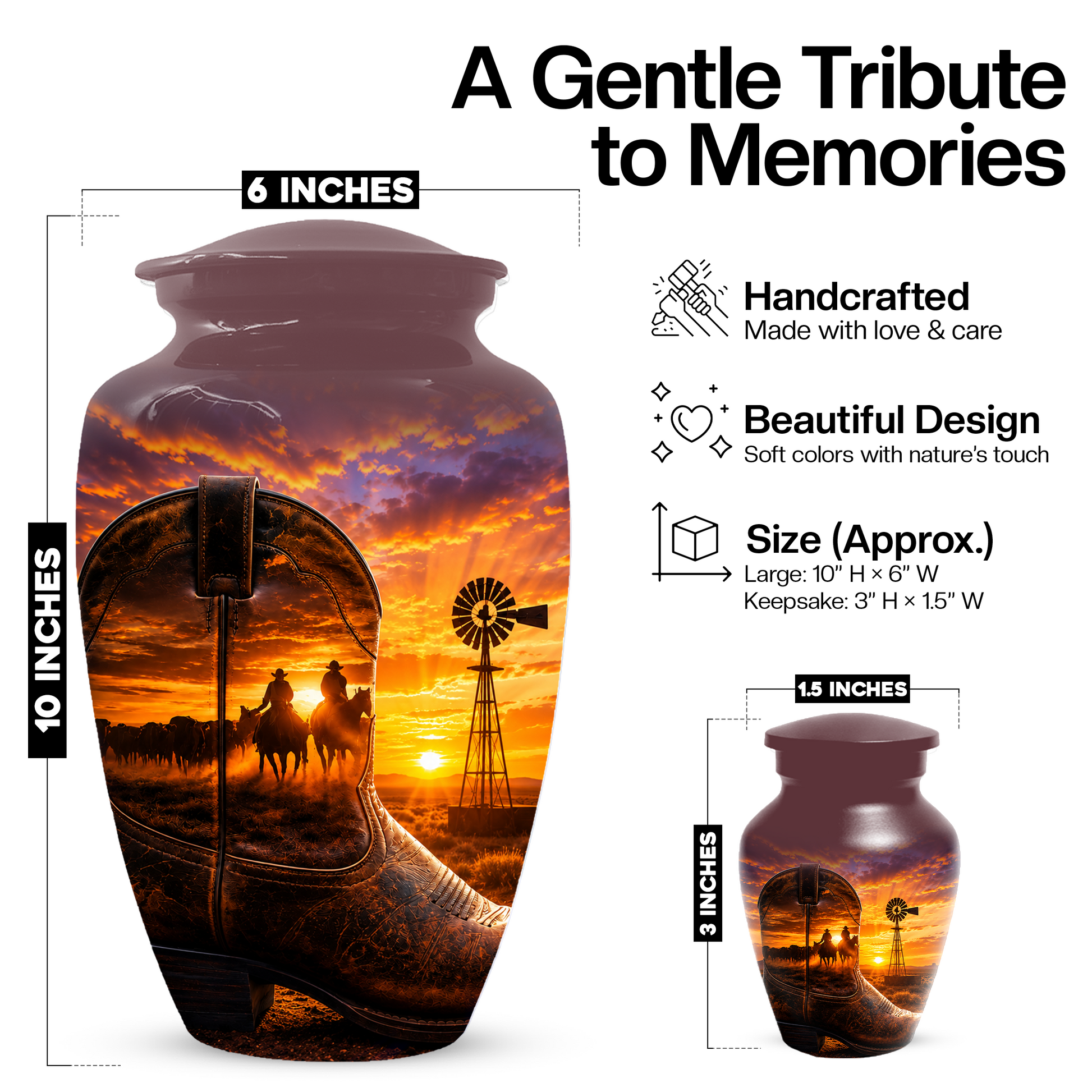 Cowboy Cremation Urn for Dad, Western Boot Memorial keepsake Urns for Ashes