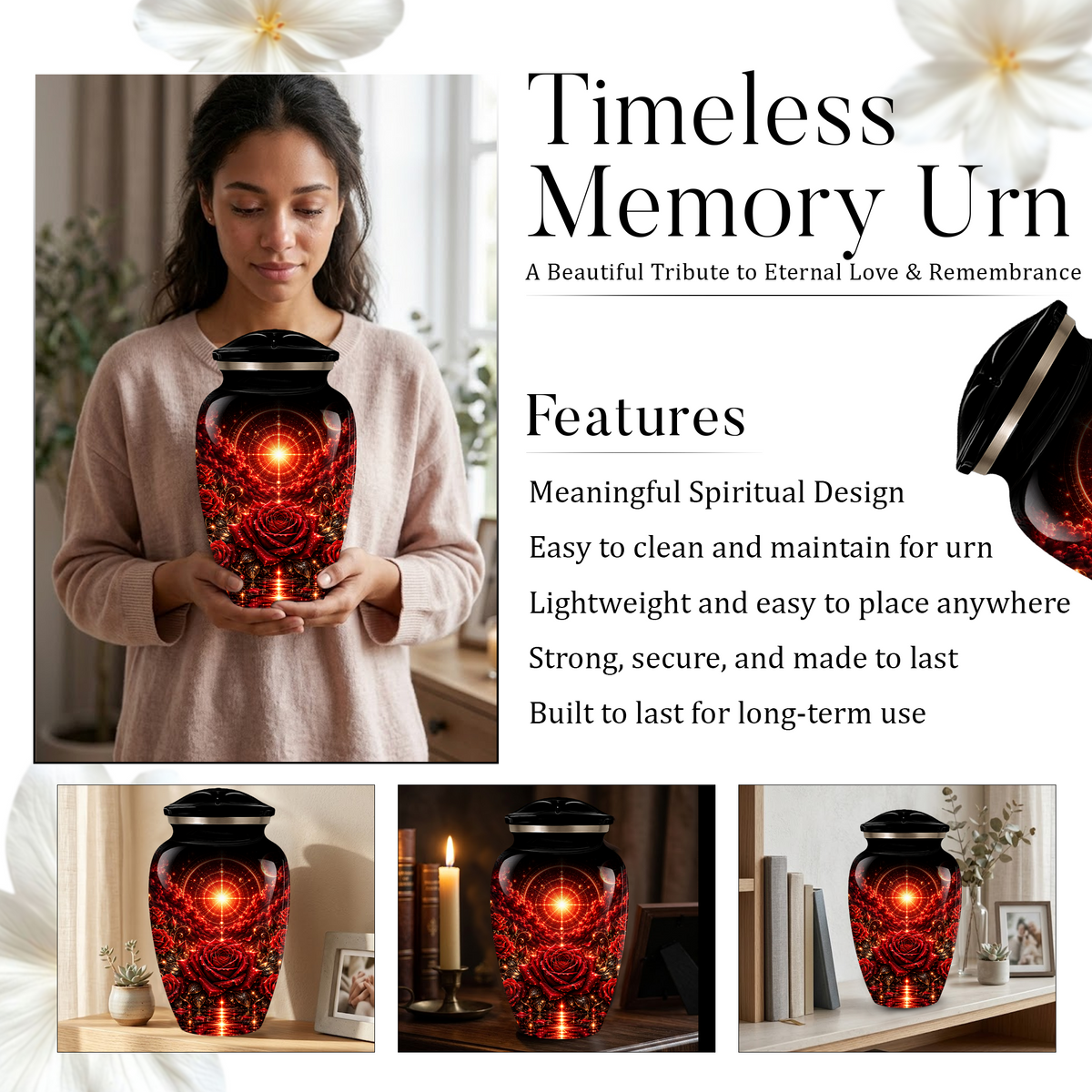 Red Rose Cremation Urn – Elegant Adult Memorial Urn for Ashes with Celestial Rose Design