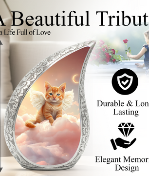 Personalized Cat Cremation Urn – Angel Cat Memorial Teardrop Urn, 10 Inch Aluminum