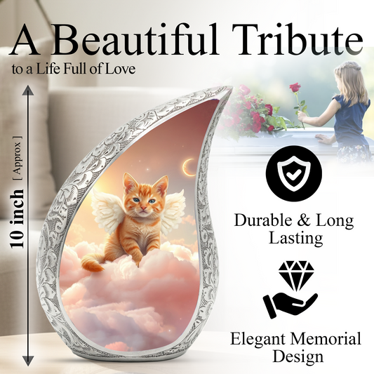 Personalized Cat Cremation Urn – Angel Cat Memorial Teardrop Urn, 10 Inch Aluminum