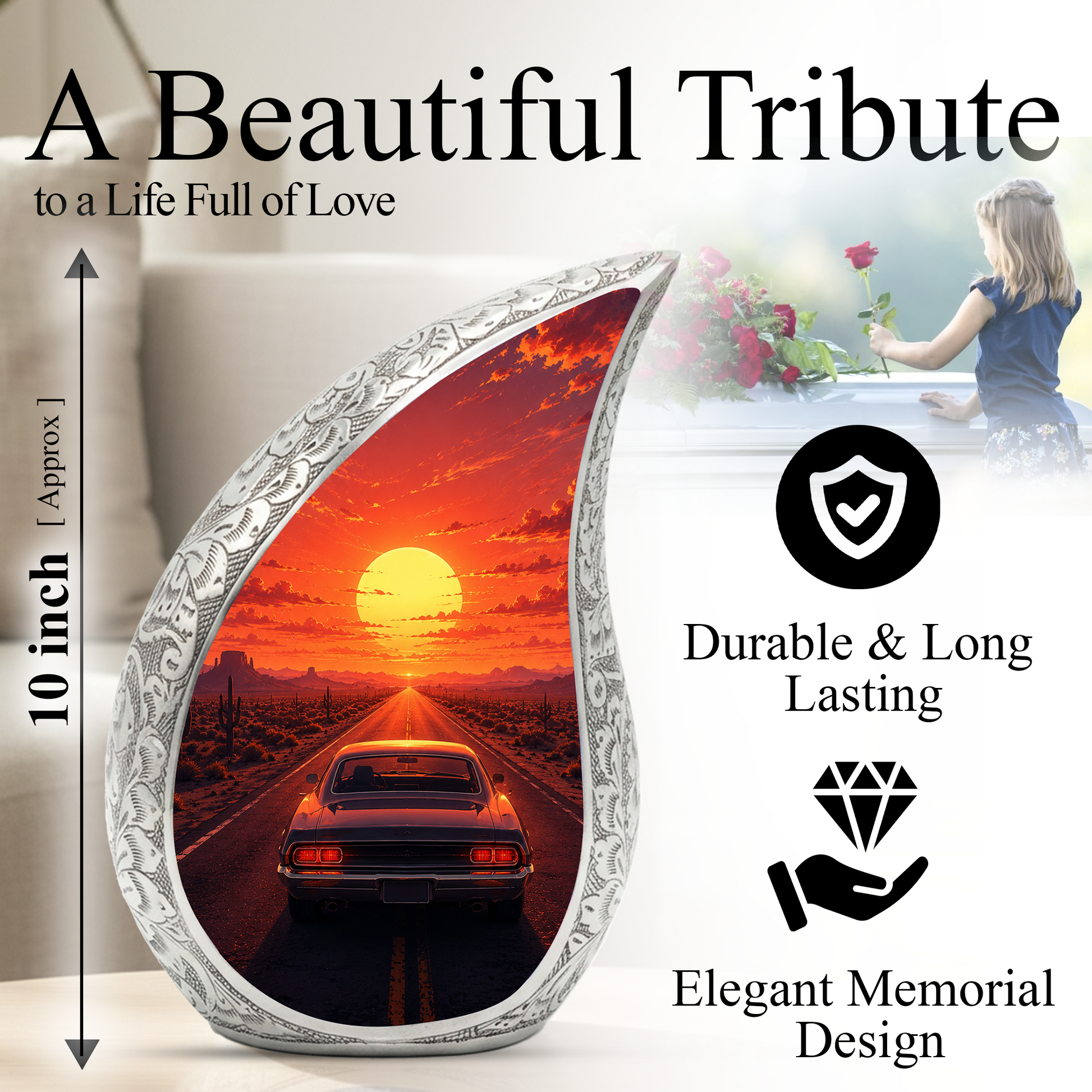 Muscle Car Sunset Urn for Adult Ashes – Classic Car Memorial Cremation Urn