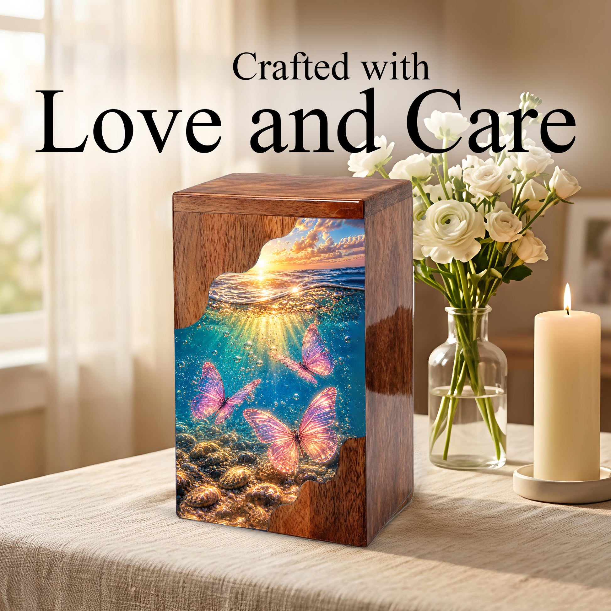 Butterfly Ocean Cremation Urn – Wooden Urn for Human Ashes