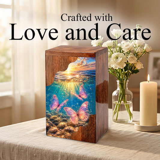 Butterfly Ocean Cremation Urn – Wooden Urn for Human Ashes