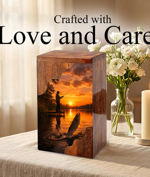 Sunset Fishing Wooden Cremation Urn – Personalized Memorial Urn for Human Ashes