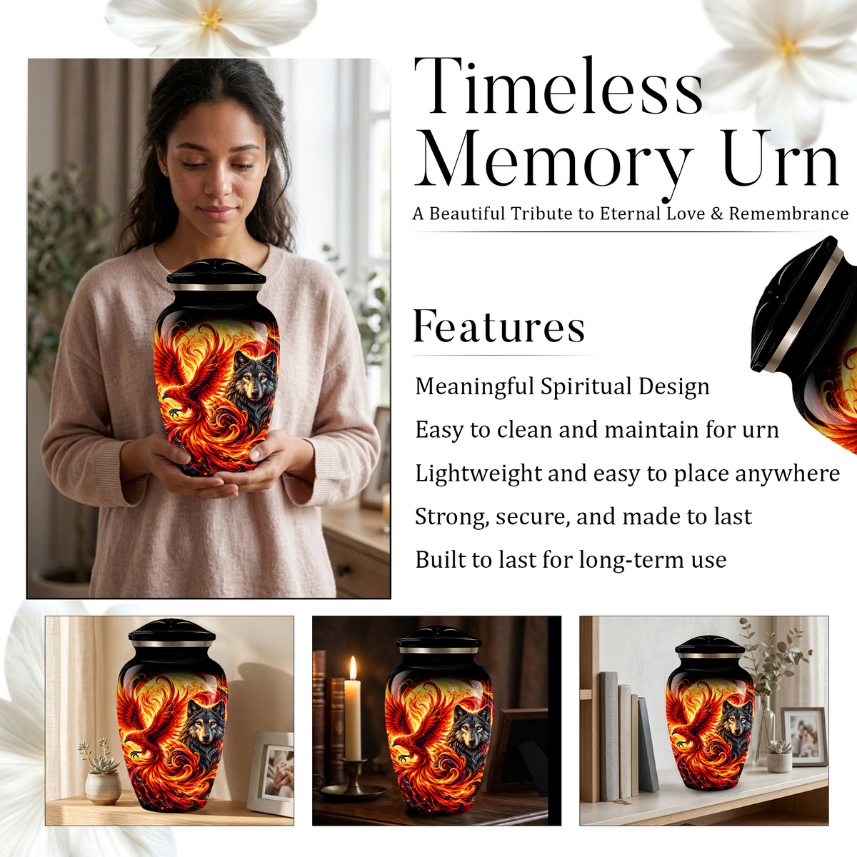 Phoenix and Wolf Cremation Urn for Adult Ashes, Fiery Red Phoenix and Wolf Adult Urn for Human Ashes