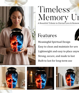 Red and Blue Heart Cremation Urn for Adult Ashes, Personalized Memorial Urn with Fire and Water Design
