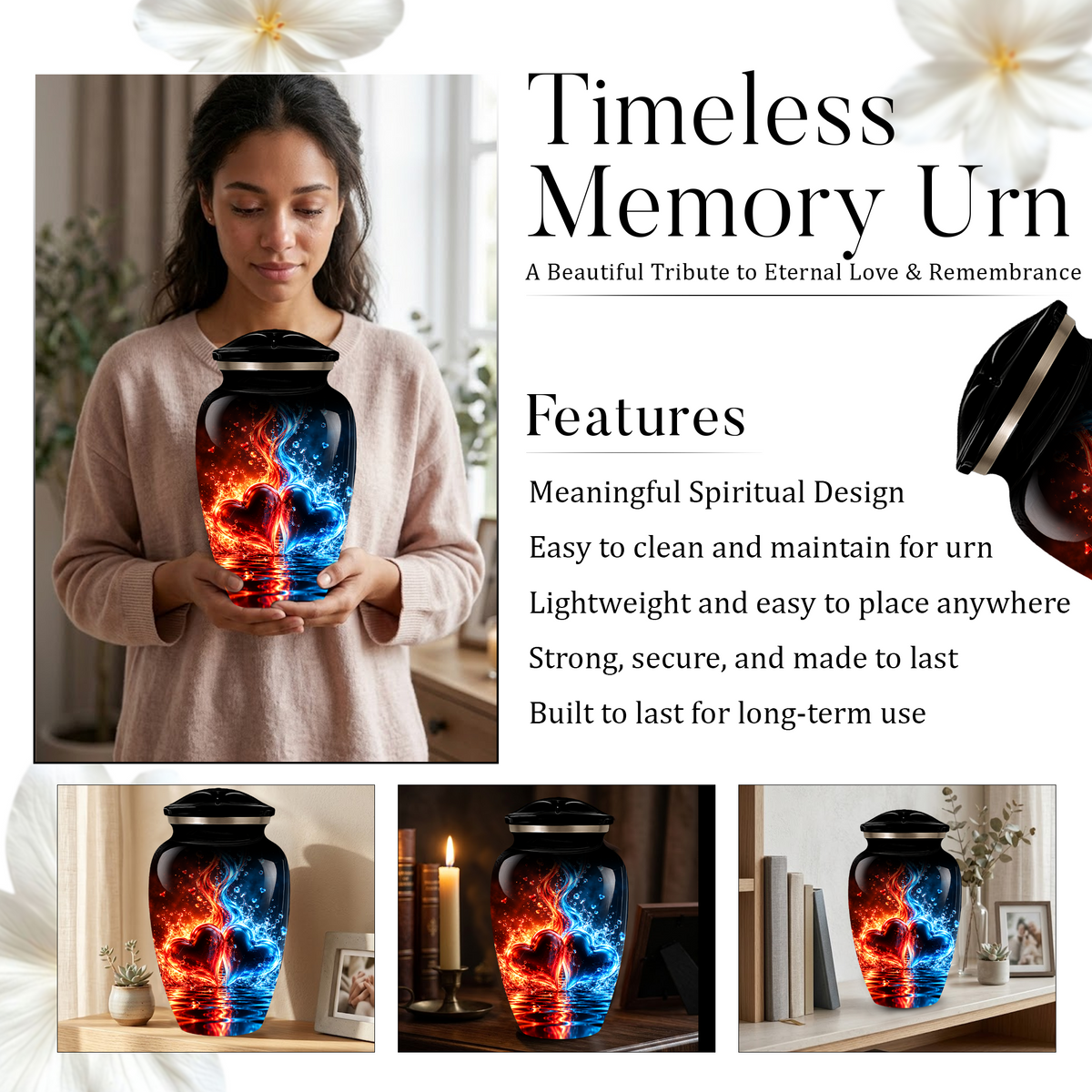 Red and Blue Heart Cremation Urn for Adult Ashes, Personalized Memorial Urn with Fire and Water Design