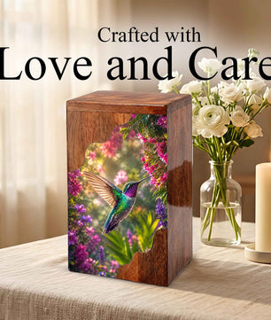 Green Hummingbird Wooden Cremation Urn – Floral Memorial Wooden Urn for Human Ashes
