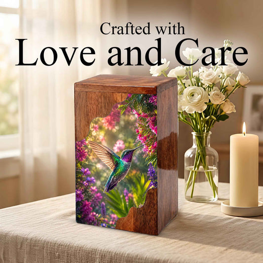 Green Hummingbird Wooden Cremation Urn – Floral Memorial Wooden Urn for Human Ashes