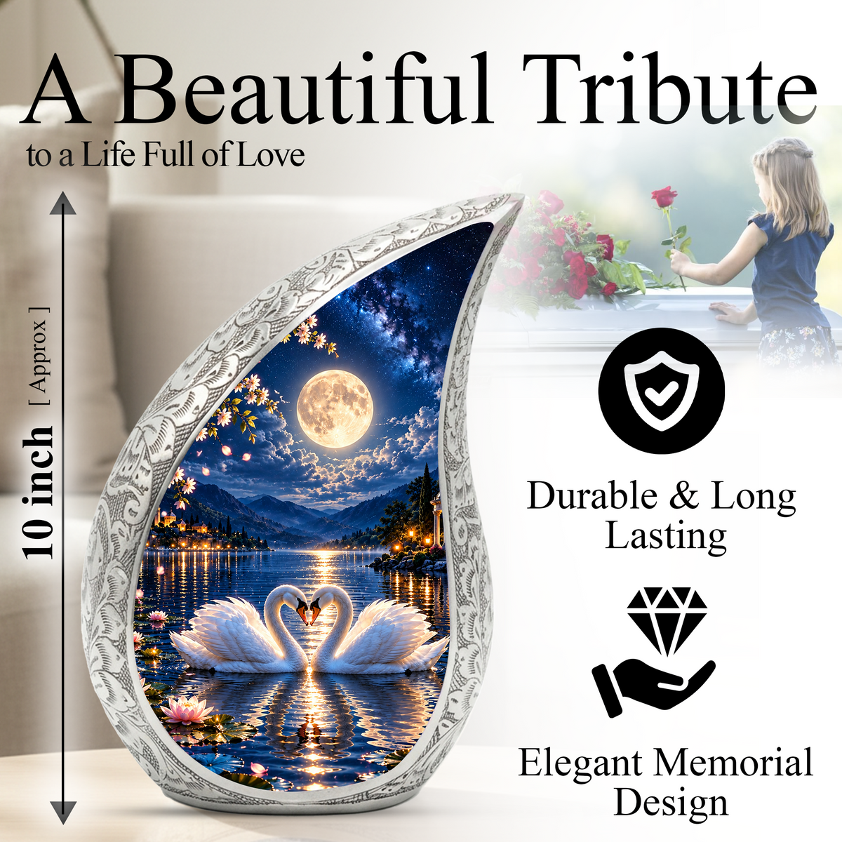 Swan Urn for Ashes, Romantic Swan Lake Cremation Urn for human Ashes