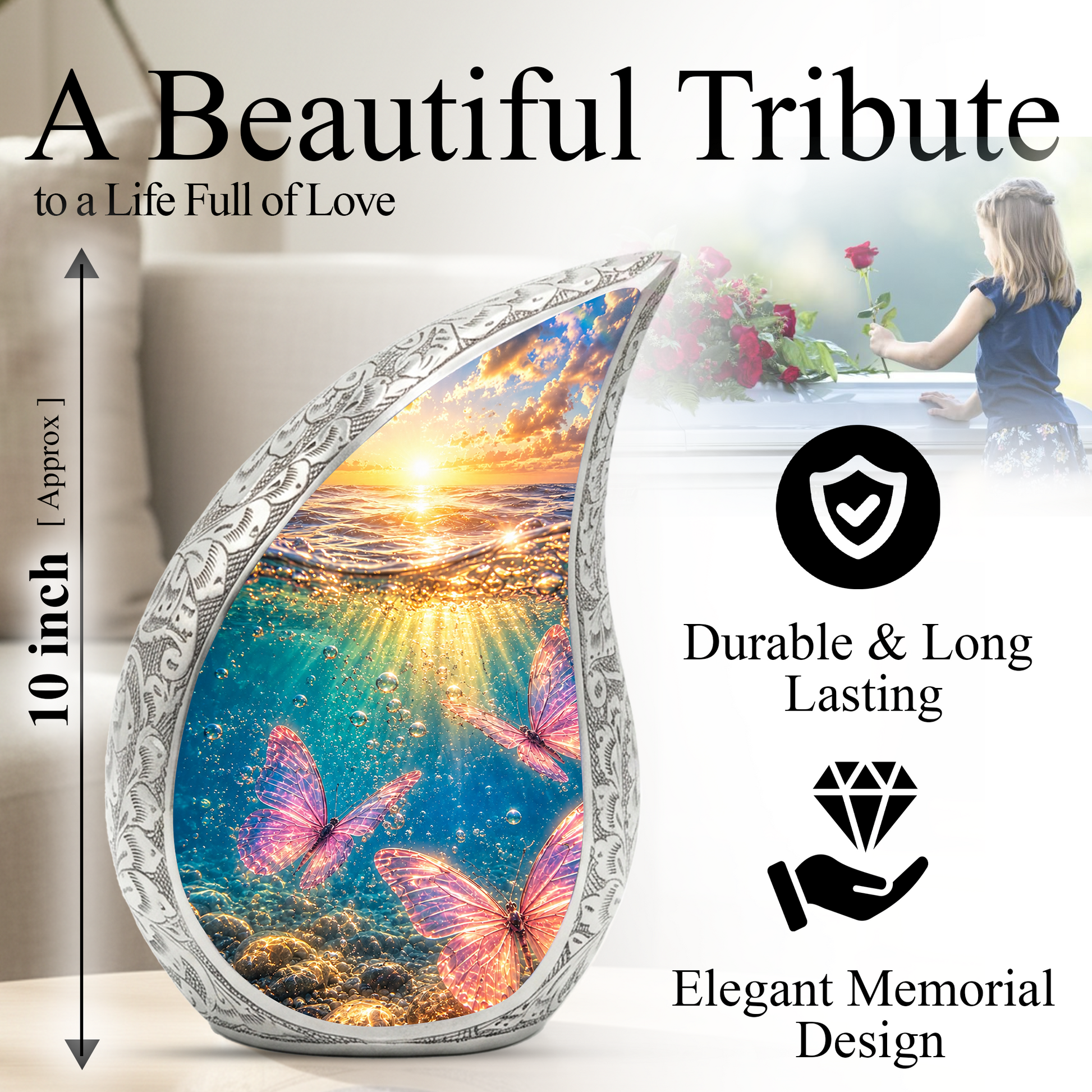 Butterfly Urn for Mom, Ocean Butterfly Cremation Urn,Keepsake Funeral Urn