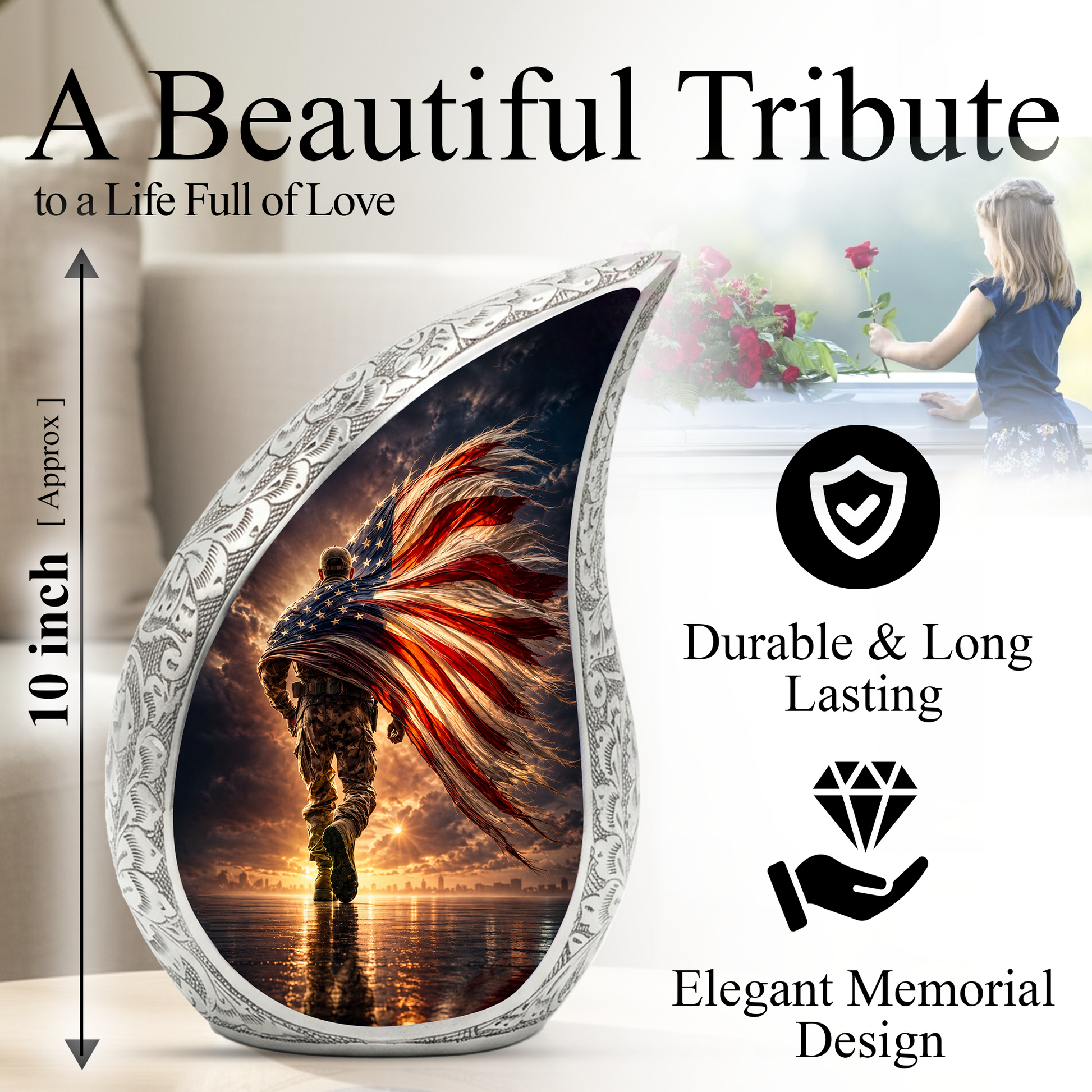 Patriotic Soldier Urn for Dad – American Flag Cremation Urn for Human Ashes | Adult Male Memorial Urn