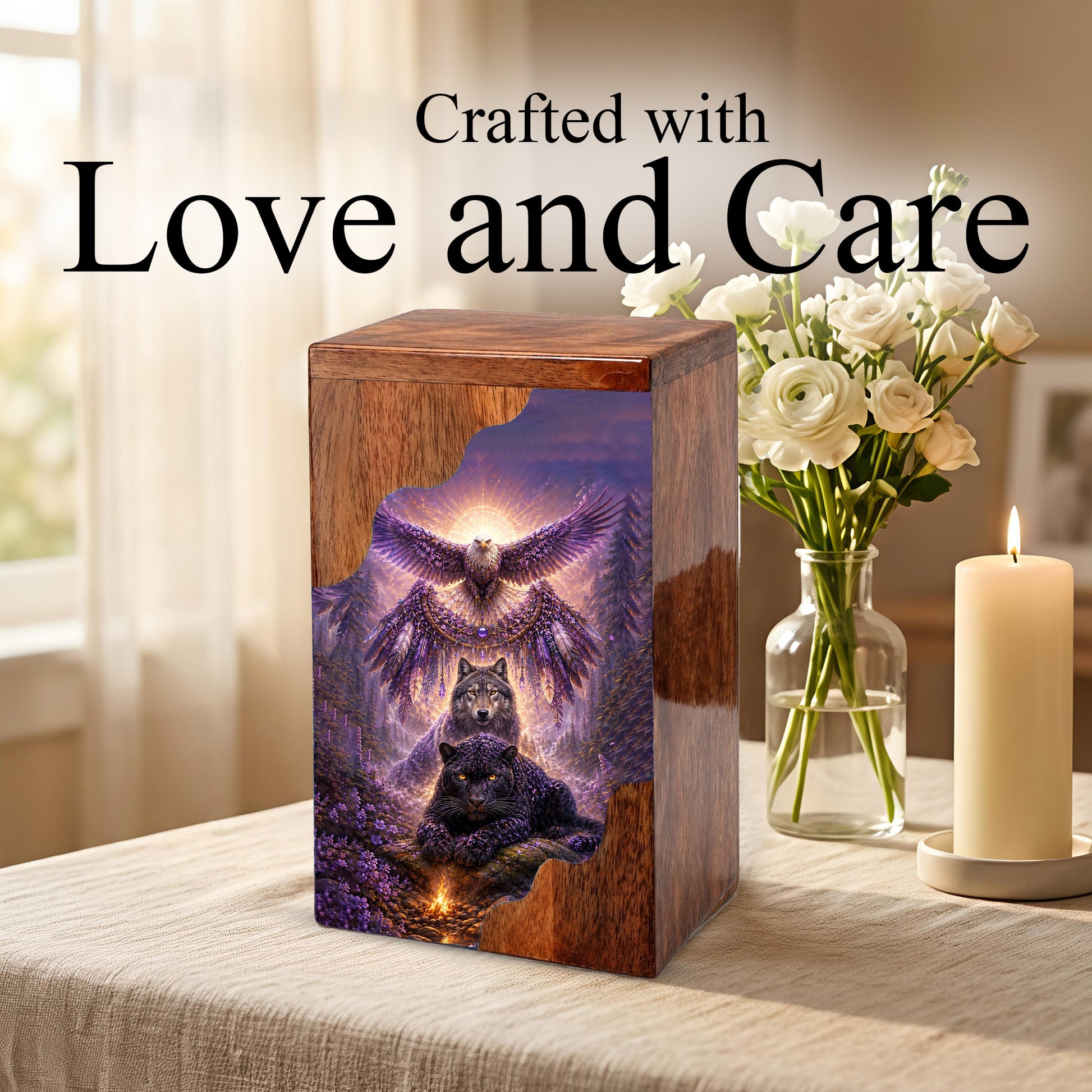 Wildlife Wooden Cremation Urn for Human Ashes | Eagle Wolf Panther Memorial Urn