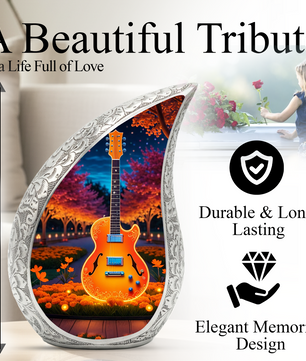 Personalized Guitar Cremation Urn – Custom Music Memorial Urn for Ashes, Teardrop Aluminum Adult Urn, 10 Inch