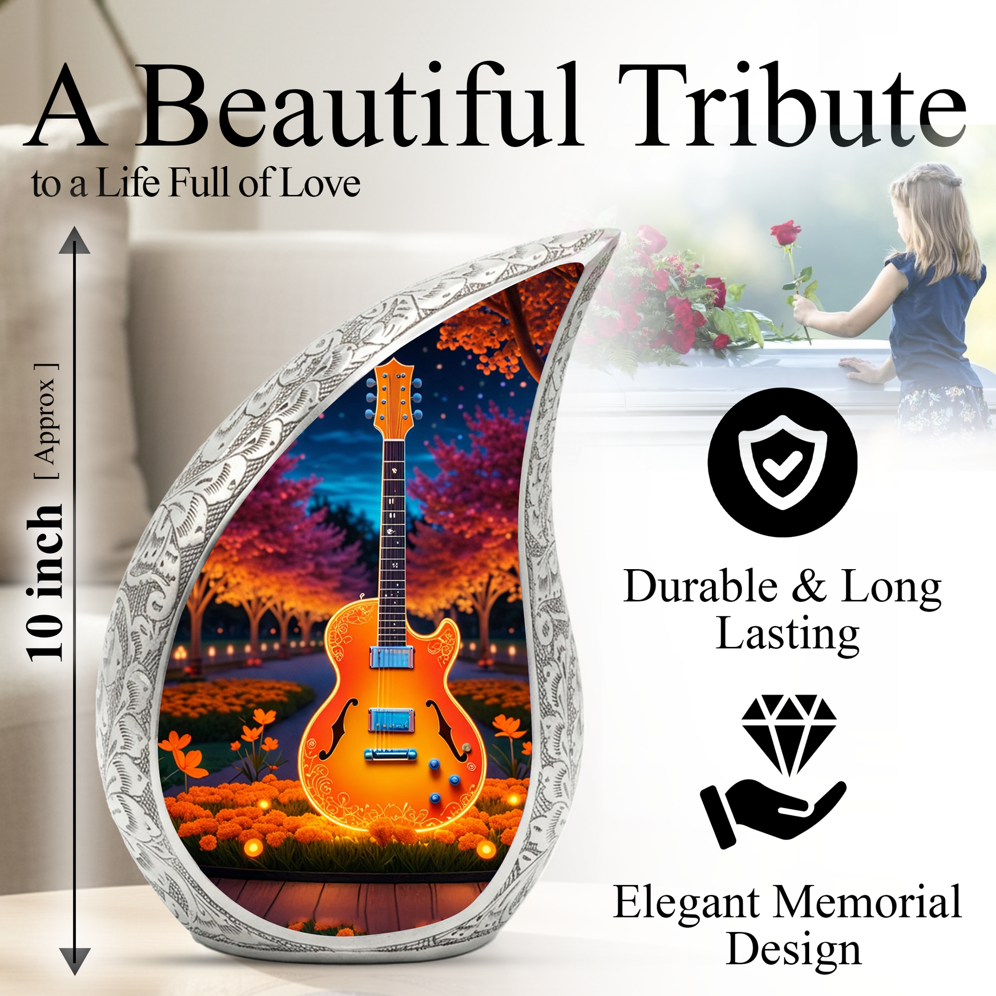 Personalized Guitar Cremation Urn – Custom Music Memorial Urn for Ashes, Teardrop Aluminum Adult Urn, 10 Inch