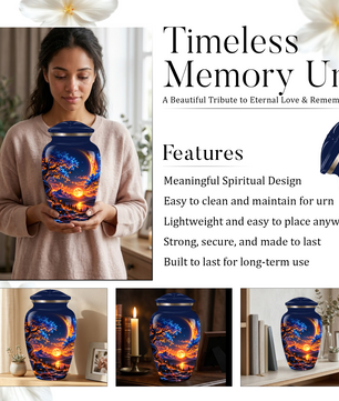 Celestial Moon Cremation Urn for Adult Ashes,  Glowing Crescent Moon, Sunset Mountains and Starry Lake Artwork