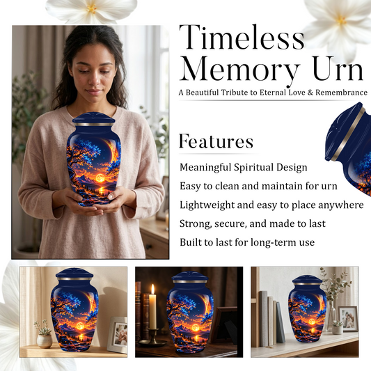 Celestial Moon Cremation Urn for Adult Ashes,  Glowing Crescent Moon, Sunset Mountains and Starry Lake Artwork