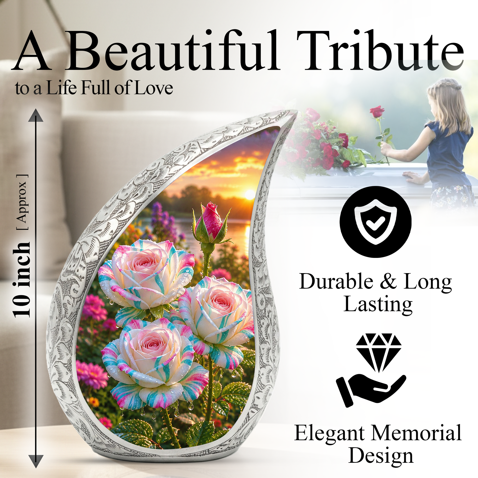 White Rose Adult Urn for Human Ashes – Elegant Memorial Urn for Mom,