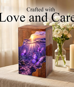 Purple Butterfly Wooden Cremation Urn – Wooden Urn for Human Ashes