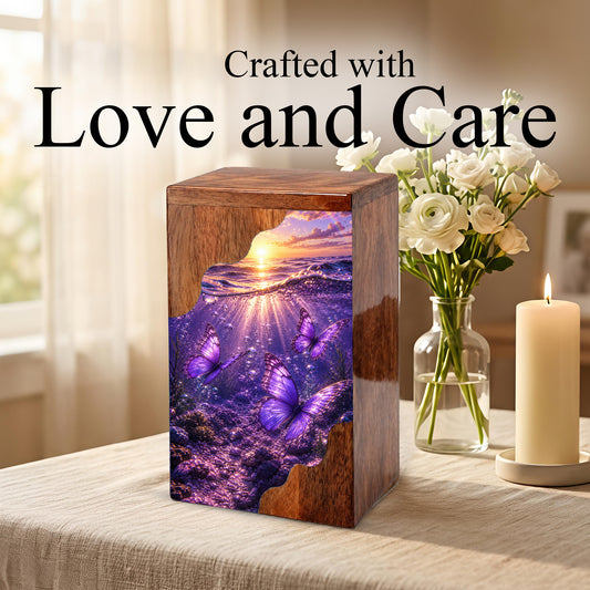 Purple Butterfly Wooden Cremation Urn – Wooden Urn for Human Ashes