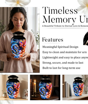 Blue Dragon and Phoenix Cremation Urn for Adult Ashes, Fantasy Bird Memorial Urn