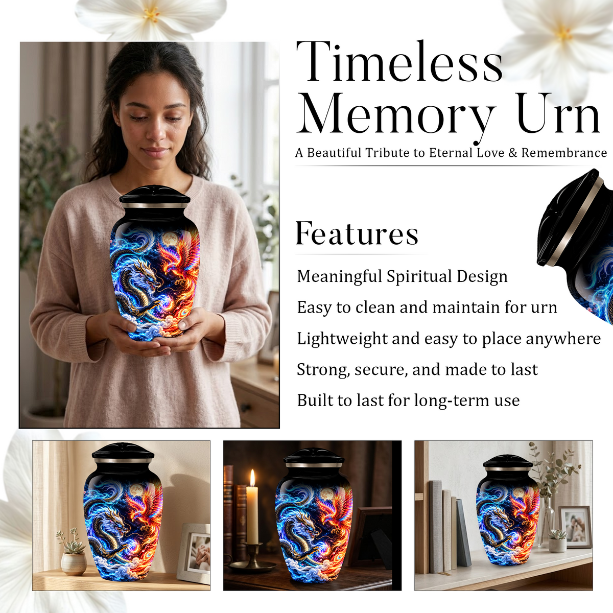 Blue Dragon and Phoenix Cremation Urn for Adult Ashes, Fantasy Bird Memorial Urn